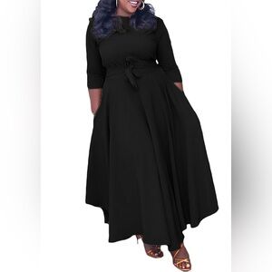XPLUSWEAR Dress 4XL Black Maxi Fit And Flare Long Sleeve Plus Size Tie Belt